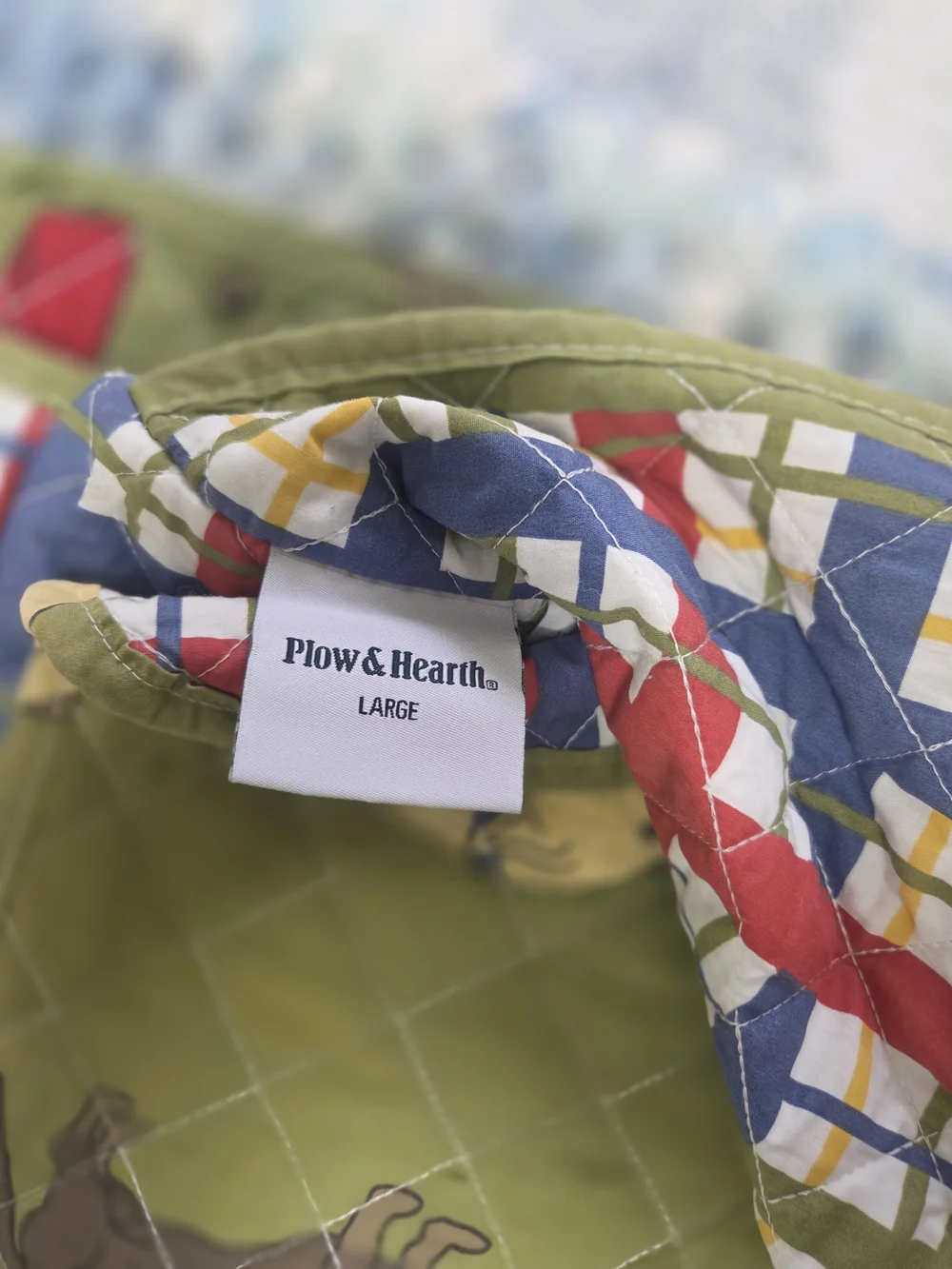 Quilted Dog Print Crate Cover in Olive Green with Plaid Reverse